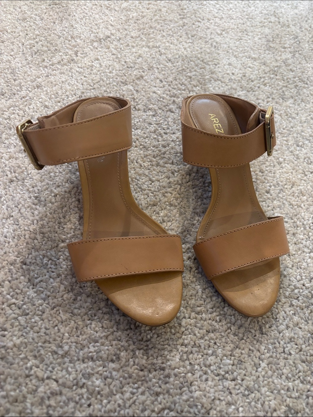 Slide On Tan Ankle-Strap Block Heel Sandals
